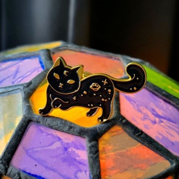 Black & Gold Cat Enamel Pin Mystical magical Spooky Cat Fashion pins Moon planet - Picture 4 of 11